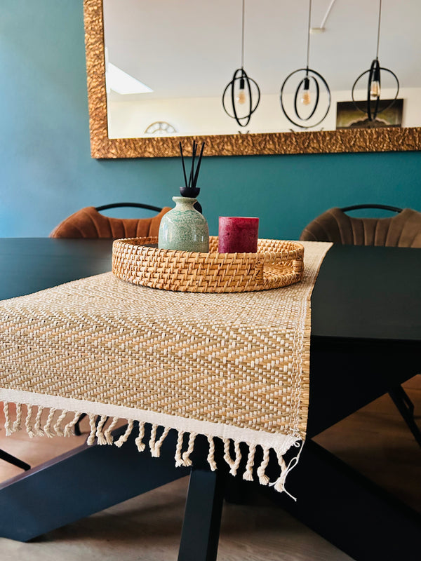 Soft tan Madurkathi table runner, beige woven with cream fringe, 152cm