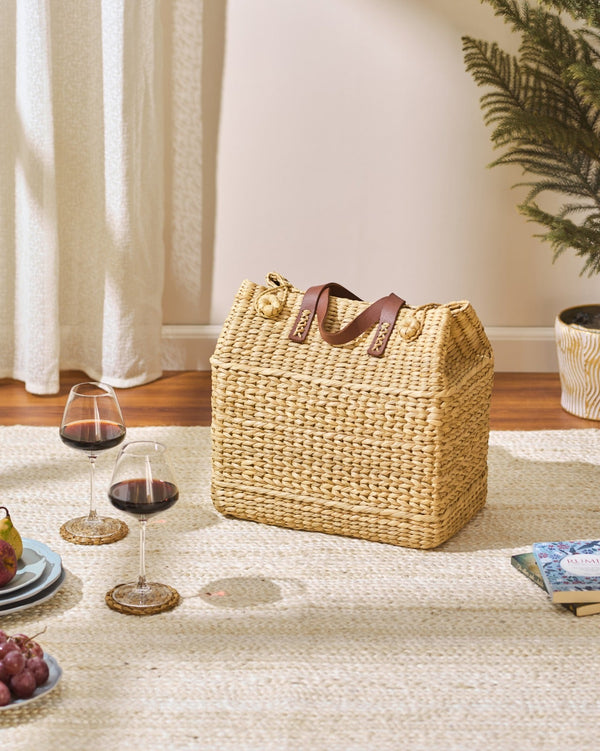 Large Kouna Grass Bag beige woven straw picnic basket with leather handles