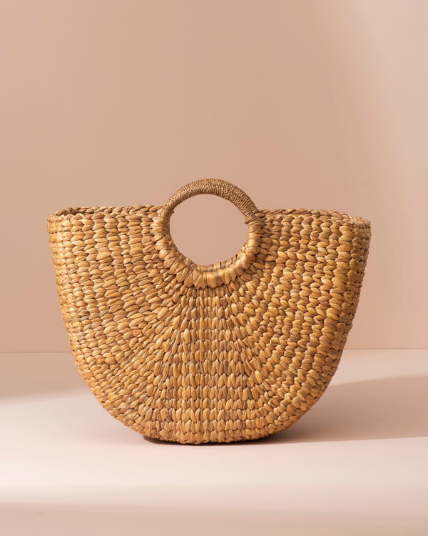 Natural water hyacinth semi-circular woven straw tote bag with round handle