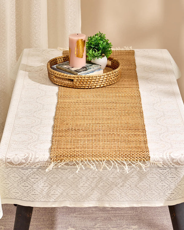 Natural water hyacinth table runner, 122cm, with woven texture and frayed edges