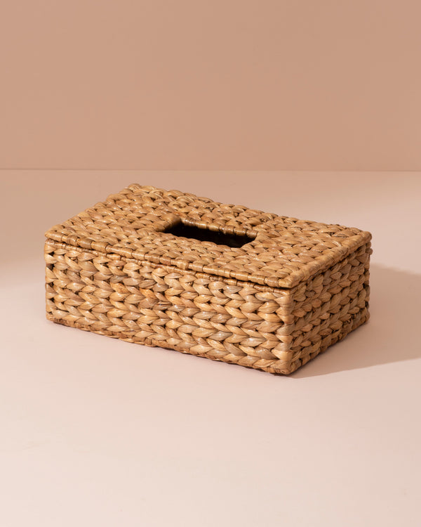 Natural rectangular water hyacinth tissue box with seagrass weave