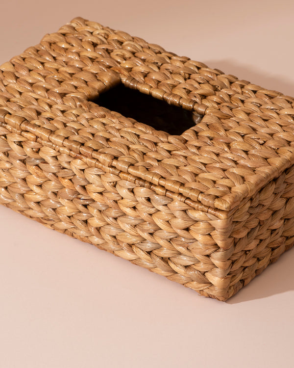 Natural rectangular water hyacinth tissue box with woven seagrass texture
