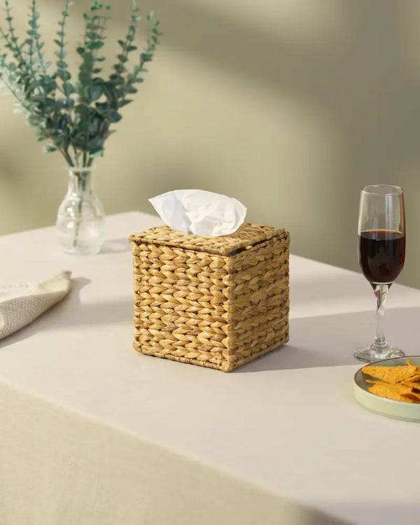 Square water hyacinth tissue box in natural woven wicker, light beige
