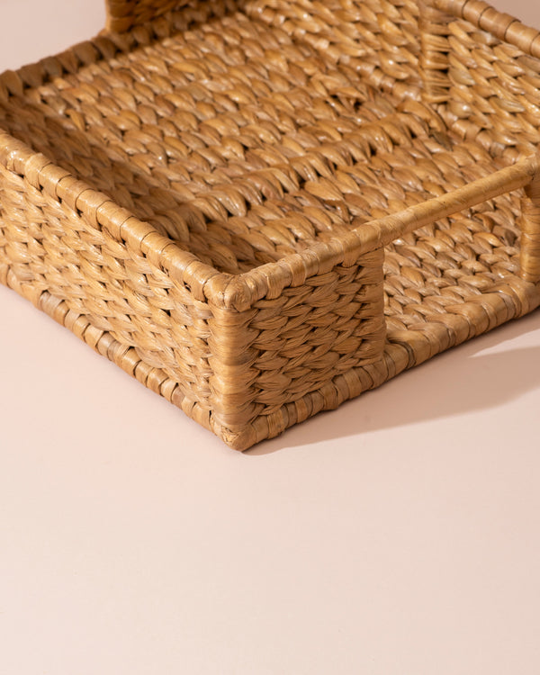Natural rectangular water hyacinth tray with woven rattan pattern and handles
