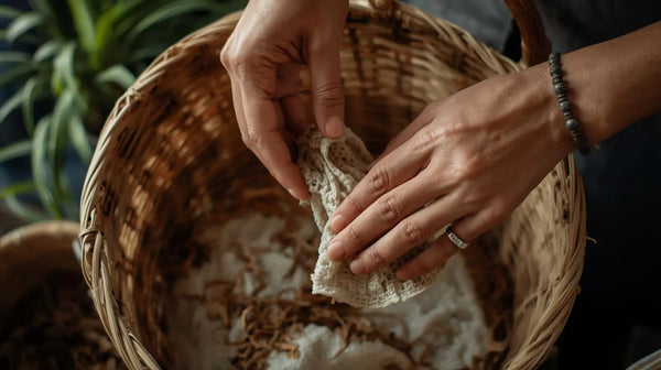 Gentle handling of delicate off-white lace over rustic wicker basket