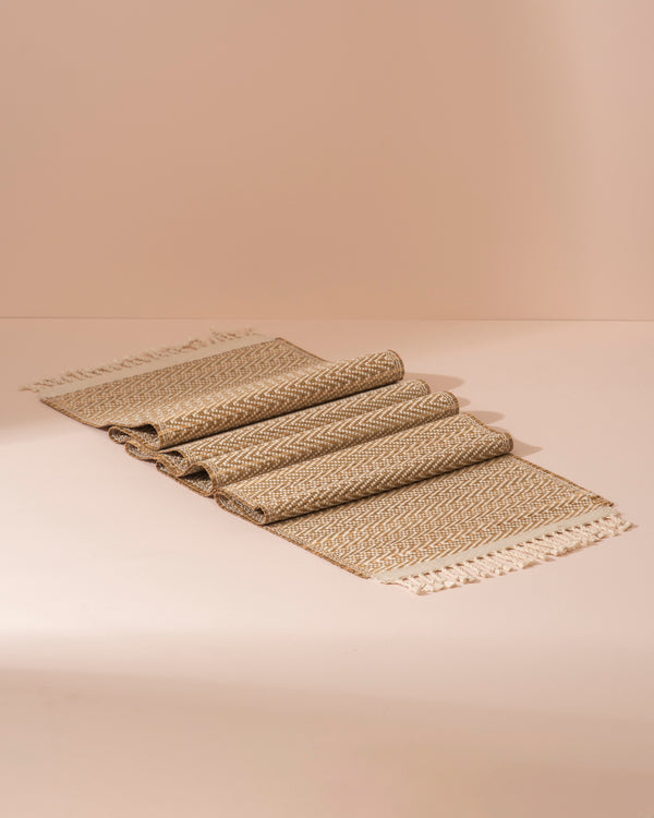 Beige herringbone woven throw with cream fringe, Madurkathi table runner