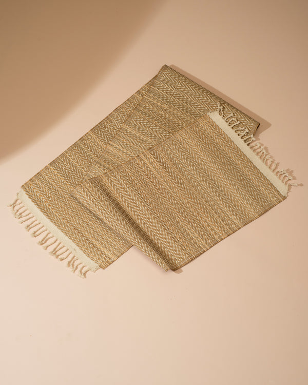 Beige herringbone scarf with white fringe, Madurkathi soft tan style