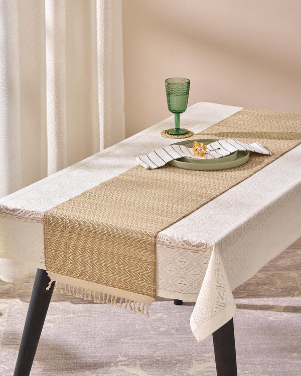 Madurkathi beige herringbone table runner with fringed edges, 152cm
