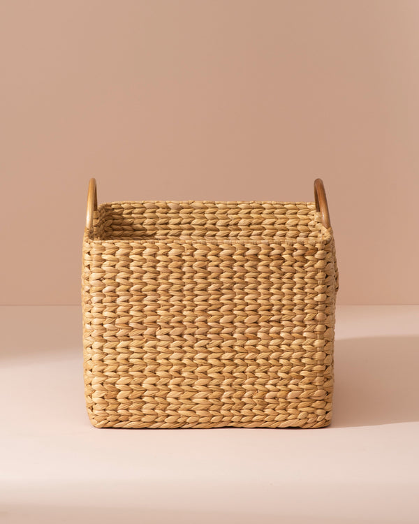 Medium Kauna Grass Storage Basket in Beige Weave with Rounded Wooden Handles