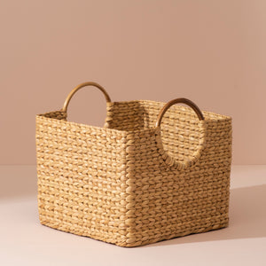 Medium Kauna Grass Storage Basket with Seagrass Weave and Rounded Wooden Handles