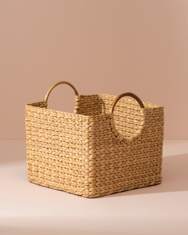 Medium Kauna Grass Storage Basket with Seagrass Weave and Rounded Wooden Handles