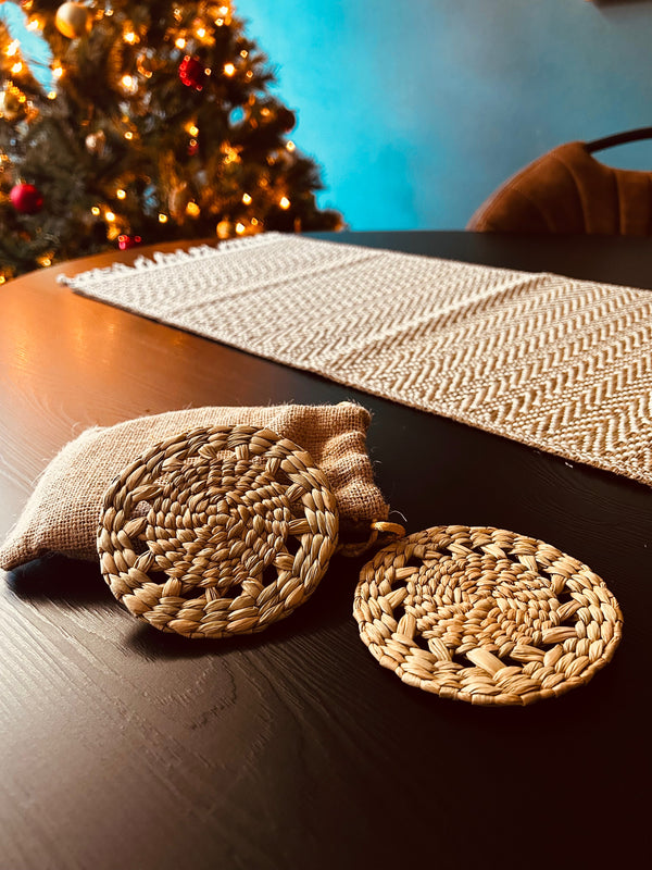 Handwoven Kouna grass coasters set of 6 with burlap pouch