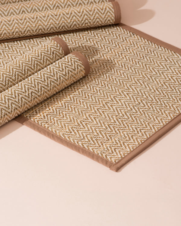 Light brown Madurkathi placemats set of 6 with beige tan herringbone pattern