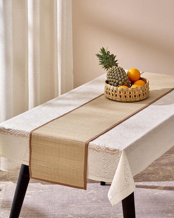Madurkathi light brown table runner with herringbone pattern, 152cm