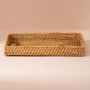 Rectangular rattan tray in natural tan with tight uniform weave