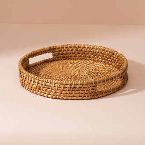 Round natural woven rattan tray with integrated handles