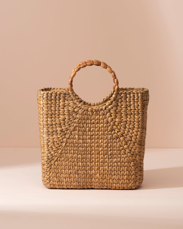 Natural woven water hyacinth rectangular tote with rounded wooden handle