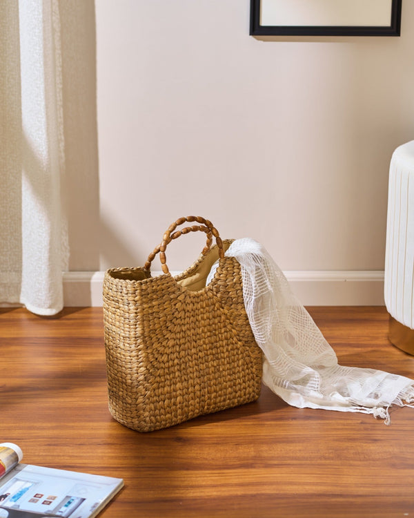 Water Hyacinth Rectangular Tote Bag with Braided Handles