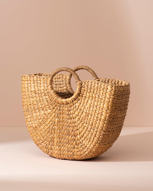 Water Hyacinth Semi-Circular Straw Tote Bag with Tan Handles