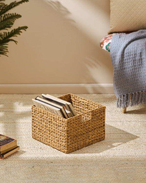 Medium water hyacinth storage basket with woven wicker design