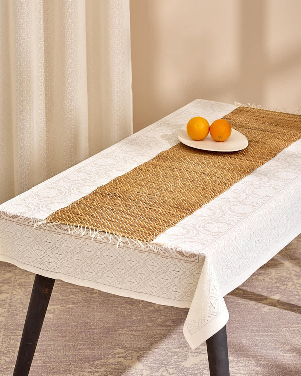 Beige lace tablecloth with woven jute water hyacinth runner, 122cm