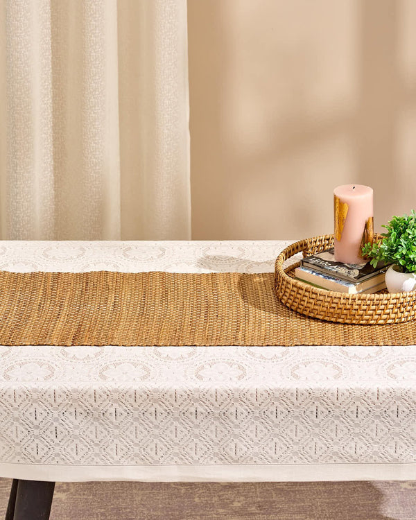 Natural water hyacinth table runner with earthy brown woven texture, 122cm