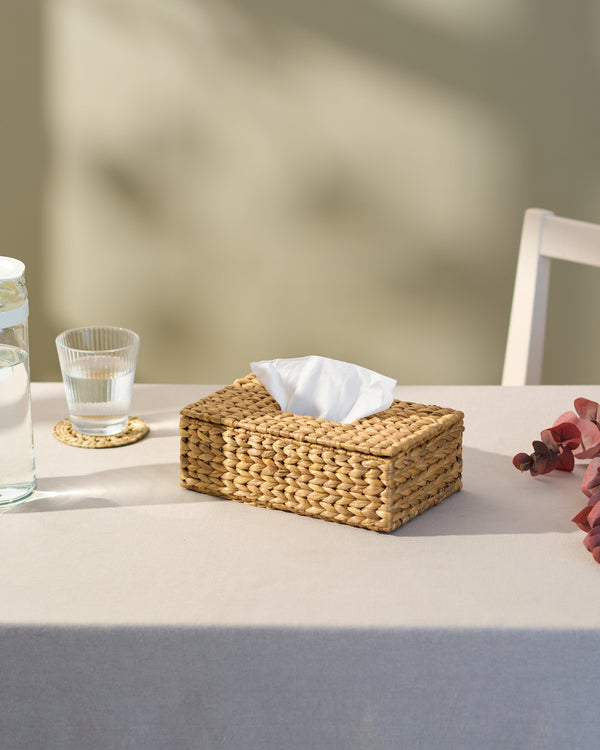 Water hyacinth rectangular tissue box with straw weave and white insert