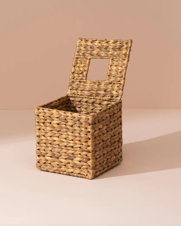 Square water hyacinth tissue box with woven seagrass hinged lid and rectangular cutout