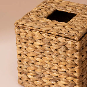 Square water hyacinth tissue box with natural woven wicker and braided texture