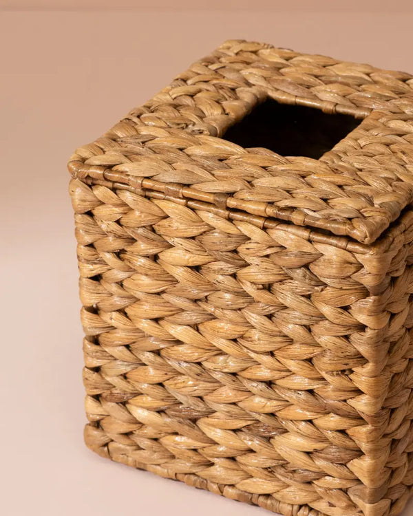 Square water hyacinth tissue box with natural woven wicker and braided texture