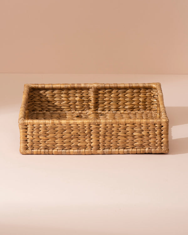 Natural woven water hyacinth rectangular tray with divided interior
